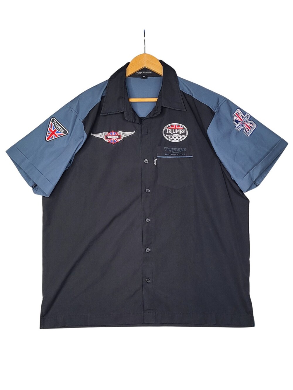 Triumph Motorcycles XL Mechanic Shop Button Shirt Blue Black Embroidered